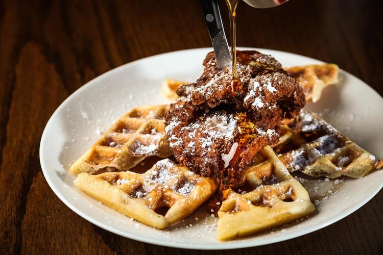 Waffles Recipe - Fried Chicken and Waffles with Powdered Sugar and Maple Syrup