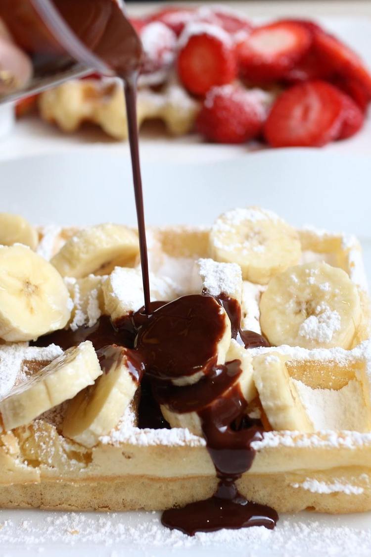 Banana Waffles with Chocolate Syrup