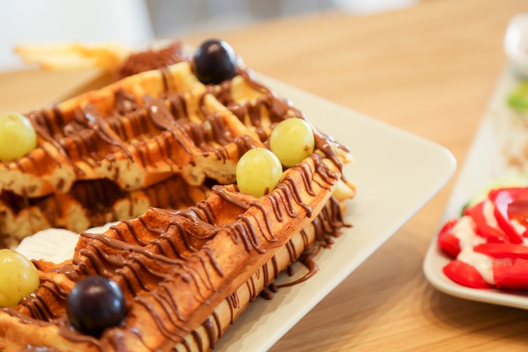 Belgium Waffles with Grapes and Chocolate Drizzle - Waffle Recipe