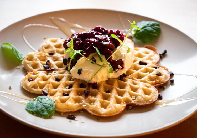 Waffles Recipe - Chocolate Chip Waffles with Ice Cream and Blueberry Jam