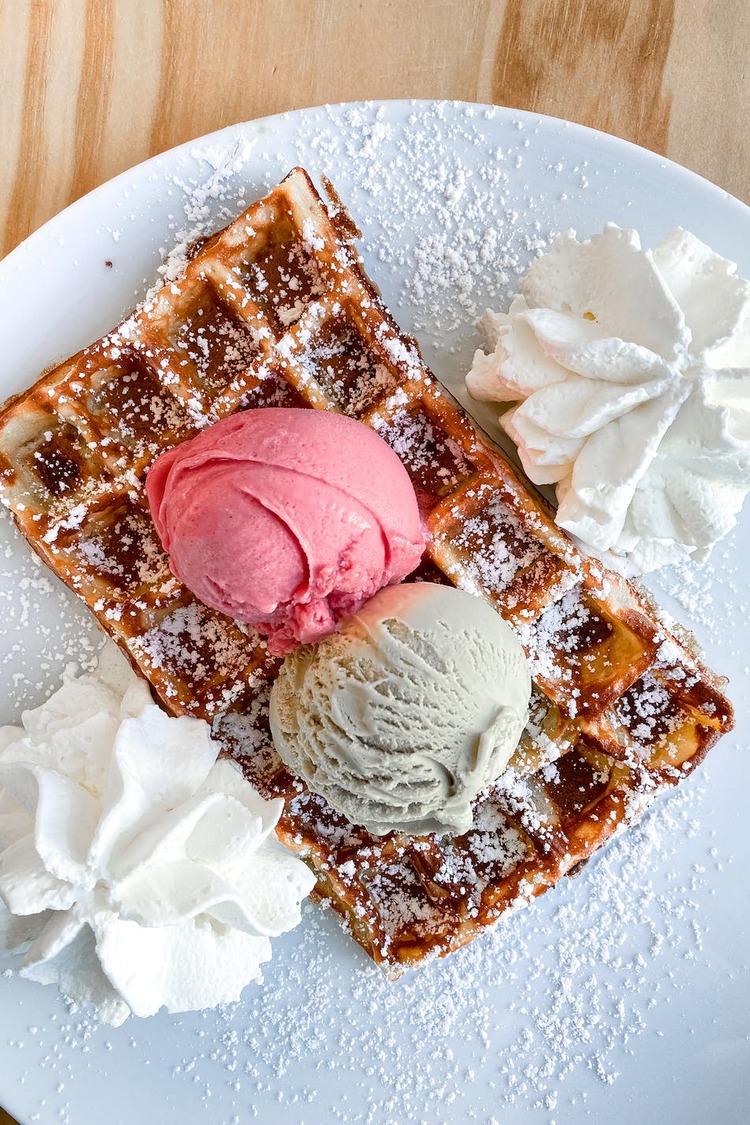 Belgium Waffles with Strawberry and Pistachio Ice Cream Recipe